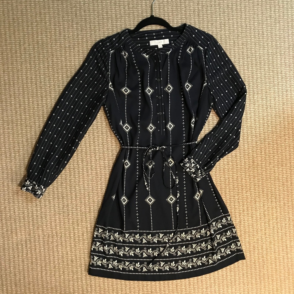 LOFT Pattered Tie Waist Dress, Size MP